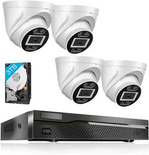 Gadpiparty 8MP 2.8mm Wide Angle Lens 2-Way Audio Security Dome 4K Camera System,8CH With 3TB Hard Drive NVR & 4pcs 8MP POE Waterproof Camera for Home Security,AI Color Night Vision,24/7 Recording,APP