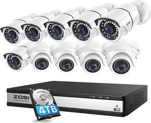 Gadpiparty ZOSI 4K 16CH PoE Security Camera System with Hard Drive 4TB and 10pcs 5MP Outdoor Indoor PoE IP Surveillance Cameras,H.265+ 16 Channel 8MP CCTV NVR,120ft Night Vision,Remote Access,24/7 Re