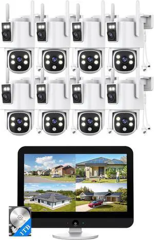 Gadpiparty Wireless Outdoor Security Camera System, Wkkengd Dual Lens Dual Screen Auto Tracking 8 Home Surveillance Camera Set 12.5" Monitor 1TB 10CH NVR Color Night Vision 2 Way Audio Wi-Fi 6 Alexa