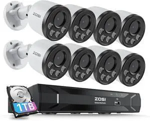Gadpiparty ZOSI 5MP 8CH PoE Security Camera System with Audio,H.265+ 5MP 8 Channel NVR with 1TB HDD,8pcs Weatherproof PoE IP Cameras Outdoor Indoor,Human Detection,100ft Night Vision,for Home 24-7 Re