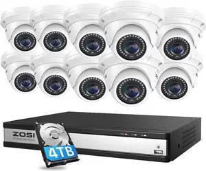 Gadpiparty ZOSI 16CH 4K POE Security Camera System,H.265+ 16 Channel 8MP CCTV NVR with 4TB HDD for 24/7 Recording,10 x Wired 5MP PoE IP Cameras Outdoor Indoor,80ft Night Vision,Motion Alerts,Remote A