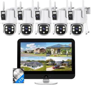 Gadpiparty Wireless Outdoor Security Camera System, Wkkengd Dual Lens Dual Screen Auto Tracking 5 Home Surveillance Camera Set 12.5" Monitor 1TB 10CH NVR Color Night Vision 2 Way Audio Wi-Fi 6 Alexa