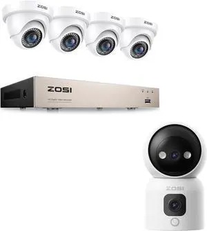 Gadpiparty ZOSI 3K Lite 8CH H.265+ Home Security Camera System with AI Human/Vehicle Detection,Night Vision,5MP Lite 8 Channel CCTV DVR,4pcs 2MP Surveillance Dome Camera& 2K Dual-Lens Indoor Camera C