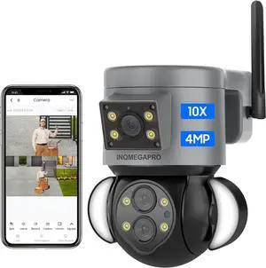Gadpiparty INQMEGAPRO Security Camera Outdoor 4MP, 10X Optical Zoom,Dual-Lens Outdoor Camera,360 Degree Pan/Tilt/Zoom Security Camera System with Motion Tracking, Two-Way Talk,Siren Alarm, Color Nigh