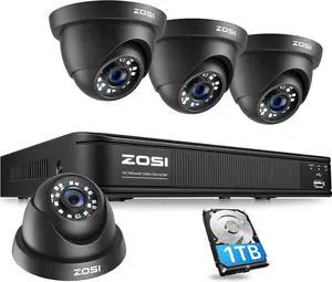 Gadpiparty ZOSI H.265+ 5MP 2K PoE Security Camera System Outdoor Indoor,8 Channel PoE NVR with Hard Drive 1TB for 24/7 Recording and 4 x 5MP(2K) Weatherproof Dome PoE IP Cameras, Motion Detection, Al
