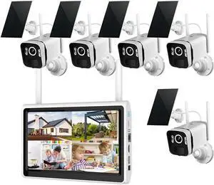 Gadpiparty 2K Solar Security Cameras Wireless Outdoor WiFi with 10" Monitor, 10CH 4MP Wire-Free Camera System, 5PC Battery Powered Security Cameras for Home Security, Waterproof, Floodlight, 64G Stor
