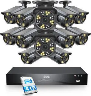 Gadpiparty ZOSI 16CH 4K PoE Home Security Camera System, 16 Port 32CH 8MP PoE NVR with 4TB HDD(2 SATA Ports for Extended Recording), 12 X 4K PoE IP Bullet Camera with Audio, Starlight Night Vision, H