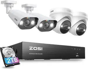 Gadpiparty ZOSI 4K PoE Home Security Camera System,Person Vehicle Detection,Night Vision,Floodlight Siren,2 Way Audio,4pcs 8MP Outdoor Indoor PoE IP Cameras,8 Port 4K 16CH NVR with 2TB HDD for 24/7 R