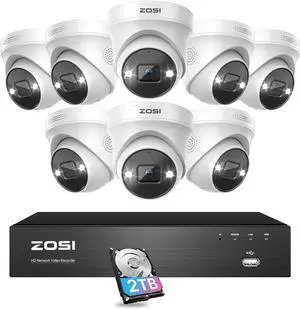 Gadpiparty ZOSI 4K Spotlight PoE Home Security Camera System,8-Port 16CH 8MP NVR with 2TB HDD,8pcs 5MP Wired Outdoor PoE IP Cameras,Person Vehicle Detection,2-Way Audio,Color Night Vision,for 24-7 Re