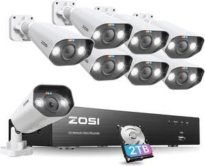 Gadpiparty ZOSI 8CH 4K Spotlight PoE Security Camera System,8 Ports 16CH 8MP NVR with 2TB HDD,8 x 5MP Outdoor PoE IP Cameras,Person Vehicle Detection,2-Way Audio,Night Vision,Sound Alert,for Home 24-