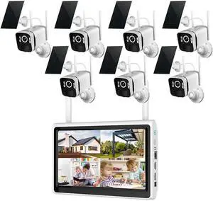 Gadpiparty 2K Solar Security Cameras Wireless Outdoor WiFi with 10" Monitor, 10CH 4MP Wire-Free Camera System, 7PC Battery Powered Security Cameras for Home Security, Waterproof, Floodlight, 64G Stor