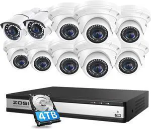 Gadpiparty ZOSI 16CH 4K PoE Home Security Camera System Outdoor Indoor,H.265+ 16 Channel 8MP CCTV NVR with 4TB HDD for 24/7 Recording,10 x 5MP PoE IP Cameras,Night Vision,Motion Detection,Remote Acce