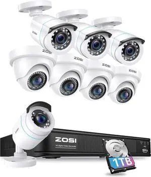 Gadpiparty ZOSI 1080p Surveillance Security Camera System with AI Human Vehicle Detection, H.265+ 5MP CCTV DVR and 8 x 1080p Weatherproof Bullet Dome Camera Outdoor, 80ft Night Vision, 90° View Angle
