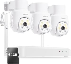 Gadpiparty ZOSI 8 Channel 3K Wi-Fi 6 Security Camera System with 64G SD Memory Card for 24/7 Record, 3 x 5MP Pan Tilt WiFi Camera with Auto Tracking, Color Night Vision, Plug-in, AI Person Detect, 2-