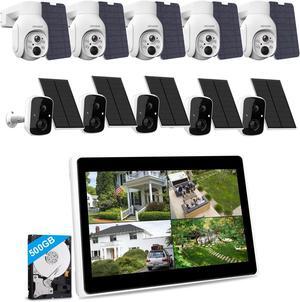 Gadpiparty Solar Wireless Security Camera System with 10" LCD Monitor, 10PCS 4MP WiFi Battery Powered Cameras Outdoor, 10CH Expandable NVR, 500GB HDD, PIR Human Detection, 2-Way Audio, Compatible wit
