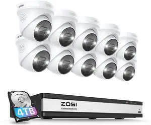 Gadpiparty ZOSI 16CH 4K Spotlight Outdoor PoE Security Camera System,H.265+ 16CH 8MP NVR with 4TB HDD,10pcs 4K PoE IP Cameras,2-Way Talk,Human Detection,Sound&Light Alarm,Remote Access,for Home 24/7