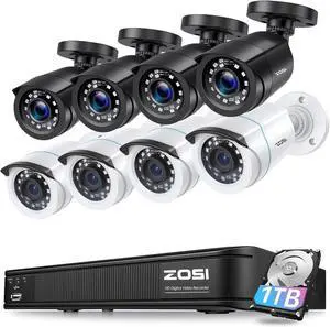 Gadpiparty ZOSI 3K Lite Home Security Camera System, 8CH H.265+ 5MP Surveillance DVR and 8 x 1080p Weatherproof CCTV Bullet Camera Outdoor with 80ft Night Vision, Remote Access, 90° View Angle, 1TB H