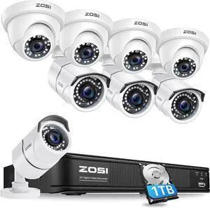 Gadpiparty ZOSI 1080P H.265+ Home Security Camera System, 5MP Lite 8 Channel Surveillance DVR, 8 x 1080p Weatherproof CCTV Bullet Dome Camera Outdoor Indoor, Night Vision, Remote Access, 90° View Ang