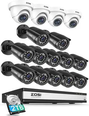 Gadpiparty ZOSI 3K Lite 16CH Security Camera System, AI Human Vehicle Detection, Night Vision, 16pcs Wired 1080P Outdoor Indoor Weatherproof Cameras, H.265+ 16 Channel CCTV DVR with 2TB HDD for 24/7