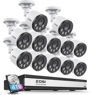 Gadpiparty ZOSI 4K 16CH 12pcs PoE Security Camera System with Audio, Night Vision, Smart Human Detection, Motion Alerts,16 Channel 4K 8MP NVR with 4TB HDD,Smart Human Detection,IP66 Weatherproof,Remo