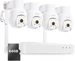 Gadpiparty ZOSI 8 Channel 3K Wi-Fi 6 Security Camera System with 64G SD Memory Card for 24/7 Record, 4 x 5MP Pan Tilt WiFi Camera with Auto Tracking, Color Night Vision, Plug-in, AI Person Detect, 2-