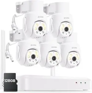 Gadpiparty ZOSI 8 Channel 3K Wi-Fi 6 Security Camera System with 128G SD Memory Card for 24/7 Record, 5 x 5MP Pan Tilt WiFi Camera with Auto Tracking, Color Night Vision, Plug-in, AI Person Detect, 2