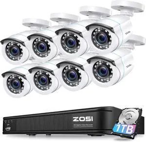Gadpiparty ZOSI 1080p Surveillance Security Camera System with AI Human Vehicle Detection, H.265+ 5MP CCTV DVR and 8 x 1080p Weatherproof Bullet Camera Outdoor with 80ft Night Vision, 90° View Angle,