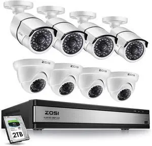 Gadpiparty ZOSI 16CH 1080P Surveillance Cameras System 16 Channel 2.0MP Security DVR and 4 Bullet Cameras, 4 Dome Cameras for Outdoor Indoor Security Supports Motion Detection Remote Access, 2TB Hard