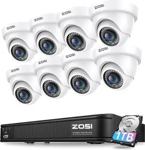 Gadpiparty ZOSI 1080P H.265+ Home Security Camera System, 5MP Lite 8 Channel Surveillance DVR, 8 x 1080p Weatherproof CCTV Dome Camera Outdoor Indoor, Night Vision, Remote Access, 90° View Angle, 1TB