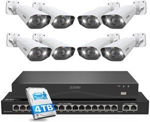 Gadpiparty ZOSI 24CH 8pcs 4K PoE Security Camera System,16 Port 24CH 8MP NVR with 4TB HDD & 16 Port Gigabit PoE Switch with 2 Gigabit Uplink Ports, Person Vehicle Detection,2 Way Audio,Dual-Disk Back
