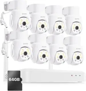 Gadpiparty ZOSI 8 Channel 3K Wi-Fi 6 Security Camera System with 64G SD Memory Card for 24/7 Record, 8 x 5MP Pan Tilt WiFi Camera with Auto Tracking, Color Night Vision, Plug-in, AI Person Detect, 2-