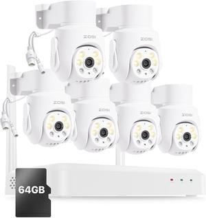 Gadpiparty ZOSI 8 Channel 3K Wi-Fi 6 Security Camera System with 64G SD Memory Card for 24/7 Record, 6 x 5MP Pan Tilt WiFi Camera with Auto Tracking, Color Night Vision, Plug-in, AI Person Detect, 2-