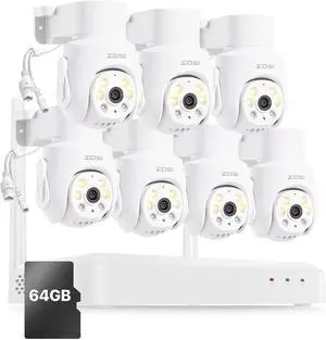 Gadpiparty ZOSI 8 Channel 3K Wi-Fi 6 Security Camera System with 64G SD Memory Card for 24/7 Record, 7 x 5MP Pan Tilt WiFi Camera with Auto Tracking, Color Night Vision, Plug-in, AI Person Detect, 2-