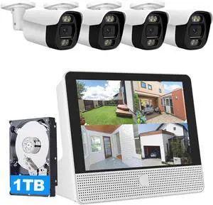 Gadpiparty 16CH Expandable PoE Security Camera System with All-in-One 10.1" LCD 4K NVR Monitor, 4Pcs 5MP PoE Bullet Cameras, Smart Dual Light, Two Way Talk, Plug & Play, Human Vehicle Detection, 1TB