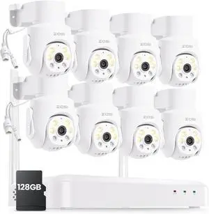Gadpiparty ZOSI 8 Channel 3K Wi-Fi 6 Security Camera System with 128G SD Memory Card for 24/7 Record, 8 x 5MP Pan Tilt WiFi Camera with Auto Tracking, Color Night Vision, Plug-in, AI Person Detect, 2