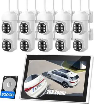 Gadpiparty 2K Security Camera System Wireless Outdoor with 10 IPS Monitor, 10pcs Dual Lens PTZ Security Camera,10x Hybrid Zoom, Auto Tracking, 2 Way Audio, Color Night Vision, No Subscription, 500GB