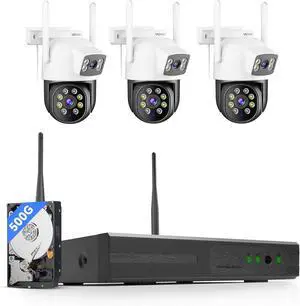 Gadpiparty Wireless Security Camera System, 3pcs 2K Dual Lens Linkage PTZ Cameras for Home Security System Outdoor, 2.4G/5G WiFi, Auto Tracking, Human Detection Alarm, Color Night Vision, 16CH NVR (5