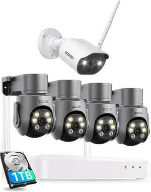 Gadpiparty ZOSI 8CH 5MP Wi-Fi 6 Security Camera System with 4K NVR & 1TB HDD  4pcs Pan/Tilt Plug-in WiFi Cameras + Add-on 2K 3MP Outdoor Camera  Auto Tracking, Color Night Vision, AI Person Detecti