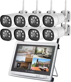 Gadpiparty 8CH 3MP Wireless WiFi Home Security Camera Kit with 8 Cameras, and 12.5-inch NVR Display, Outdoor 1296P HD Waterproof Surveillance Camera System with Audio, Night Vision and Motion Detecti