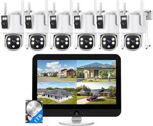 Gadpiparty Wireless Outdoor Security Camera System, Wkkengd Dual Lens Dual Screen Auto Tracking 6 Home Surveillance Camera Set 12.5" Monitor 1TB 10CH NVR Color Night Vision 2 Way Audio Wi-Fi 6 Alexa