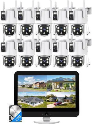Gadpiparty Wireless Outdoor Security Camera System, Wkkengd Dual Lens Dual Screen Auto Tracking 10 Home Surveillance Camera Set 12.5" Monitor 1TB 10CH NVR Color Night Vision 2 Way Audio Wi-Fi 6 Alexa