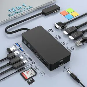 Surface Pro Docking Station Microsoft - 1 Year Warranty - 12-in-1 Surface Triple Displays Dual 4K HDMI+VGA Dock, Surface Docks for Surface Pro 11/10/9/8/X/7/6, Surface Laptop 7/6/5/4/3, Surface Book