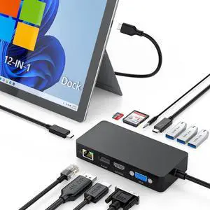 USB C Surface Dock, Triple Display (HDMI + DP + VGA) 12-in-1 Docking Station for Surface Pro 10/9/8/X/7+/7, Surface Laptop Go 3/2/1, Surface Laptop 5/4/3, Surface Book 3/2, Surface Go 4/3/2