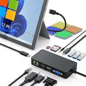 USB C Surface Dock, Triple Display (HDMI + DP + VGA) 12 in 1 Docking Station for Surface Pro 10/9/8/X/7+/7, Surface Laptop Go 3/2/1, Surface Laptop 5/4/3, Surface Book 3/2, Surface Go 4/3/2