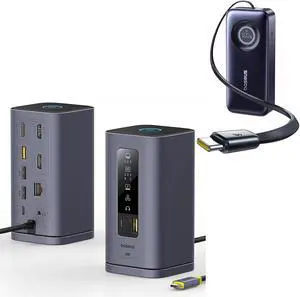 Baseus SpaceMate(MAC) Docking Station Bundle with Enercore Power Bank, 3 Monitors with 4K HDMI, 10Gbps USB Ports20000mAh Fast Charging Portable Charger Built-in 67W Retractable USB-C Cable,