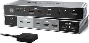 Dual Monitor KVM Switch Docking Station 4K@60Hz for 2 Computers Sharing Keyboard, Mouse, Video, USB, and Audio Devices, with USB-C 7.5W & 15W PD Charging, Supports MST for Windows, SST for macOS