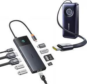 Baseus Docking Station Dual Monitor Bundle with Enercore Power Bank, 20000mAh Fast Charging Portable Charger Built-in 67W Retractable USB-C Cable, 10Gbps 10 in 1 Docking Station