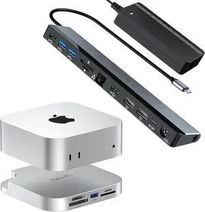 Mac Mini M4 Dock with 10Gbps CFexpress Type A/Type B Card Slot, TF/SD 4.0 Card Readers, M.2 NVMe SSD Enclosure and USB C Docking Station Dual Monitor