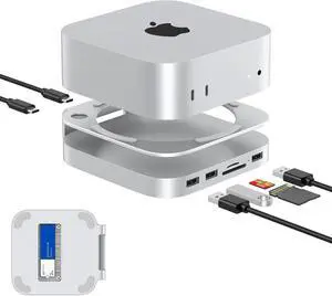 Mac mini M4 Dock, Aluminum Mac mini Stand and Hub for Mac mini M4 and M4 Pro 2024 with M.2 NVMe SSD Enclosure, 2X USB-A 10Gbps, SD/TF Card Readers, USB 2.0 Data (Silver)Accessories