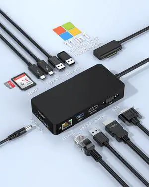 Docking Station 11-in-1, Dual Monitor for 4K HDMI + 1080p VGA, 5Gbps USB 3.0 (Type-A/2x Type-C), 2 xUSB A 2.0, SD/TF, DC in, RJ45, Laptop Docking Station Adapter for Microsoft Surface